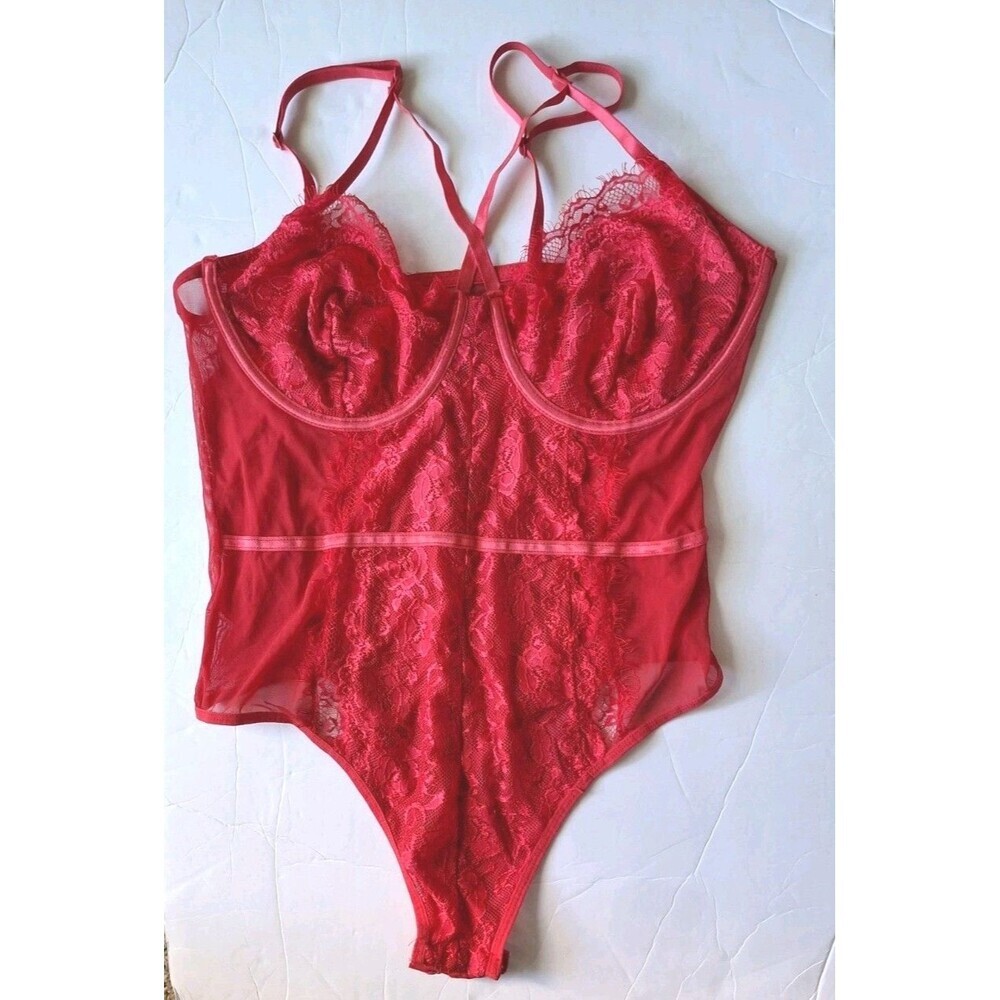 Red Mesh Lace Underwired Teddy Size 1X Red Bodysuit Underwire Strappy Unbranded